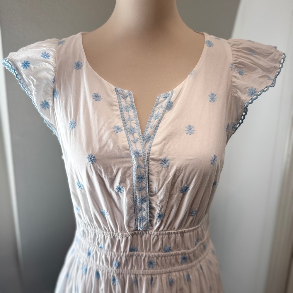 Rachel Zoe Blue/White Cotton Maxi Dress Eyelet Flutter Sleeve Romantic | Size 8 - Picture 3 of 13